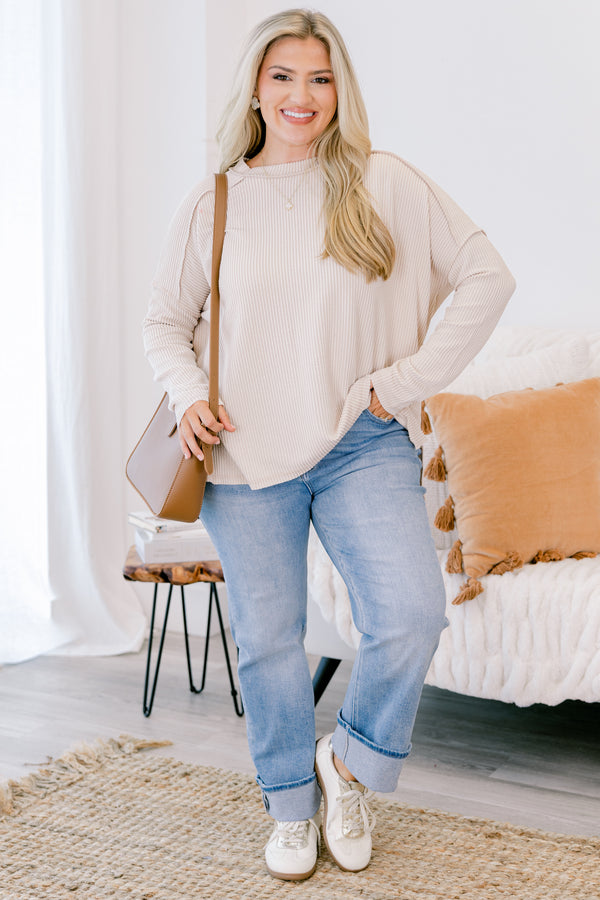 Chic Soul plus size clothing, Beige long sleeve top with ribbed material and seam detailing on the shoulders and sleeves