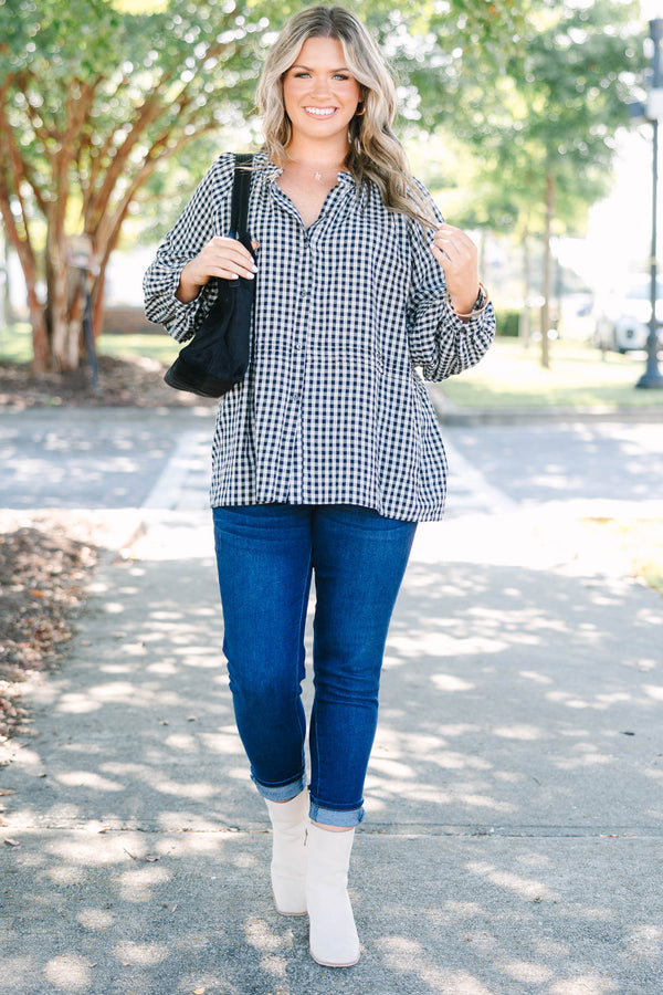 Plus Size black and white gingham button-down top with long sleeves and a relaxed cotton fit.