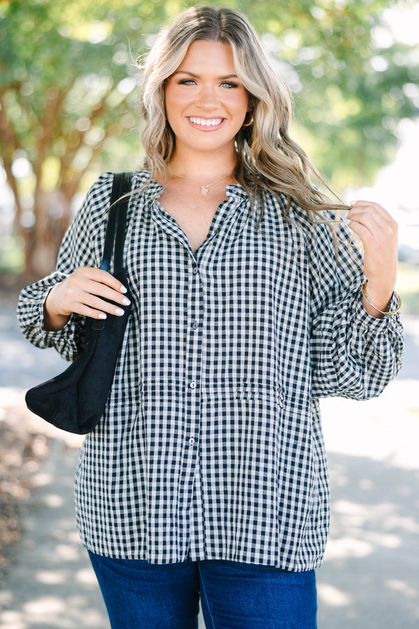 Plus Size black and white gingham button-down top with long sleeves and a relaxed cotton fit.