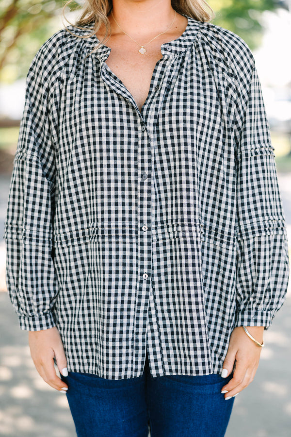 Plus Size black and white gingham button-down top with long sleeves and a relaxed cotton fit.