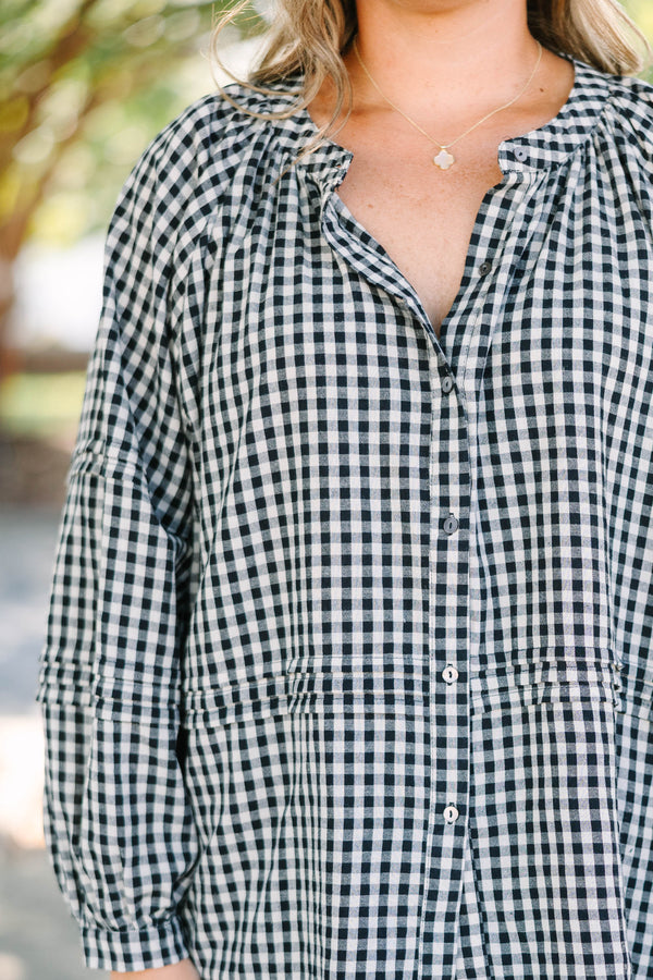 Plus Size black and white gingham button-down top with long sleeves and a relaxed cotton fit.