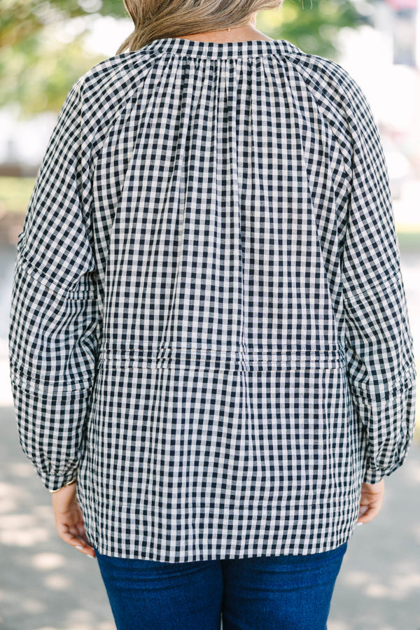Plus Size black and white gingham button-down top with long sleeves and a relaxed cotton fit.
