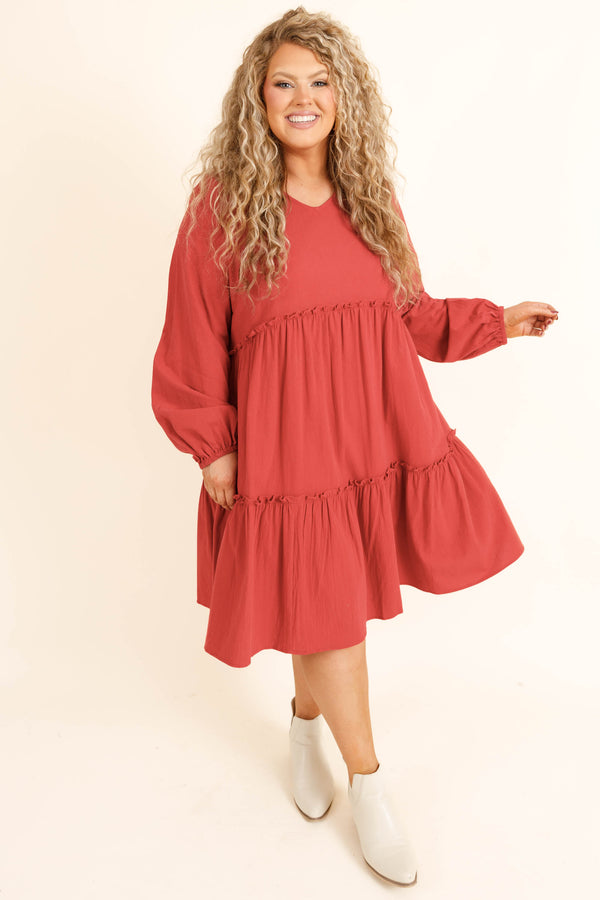 Chic Soul plus size clothing, red short length dress with long sleeves and a slight v neck and ruffle details