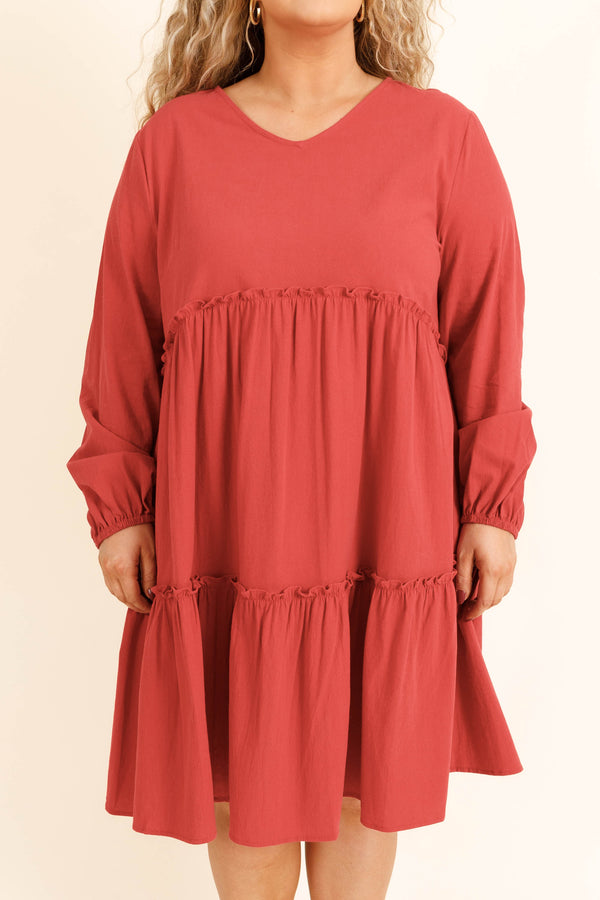 Chic Soul plus size clothing, red short length dress with long sleeves and a slight v neck and ruffle details