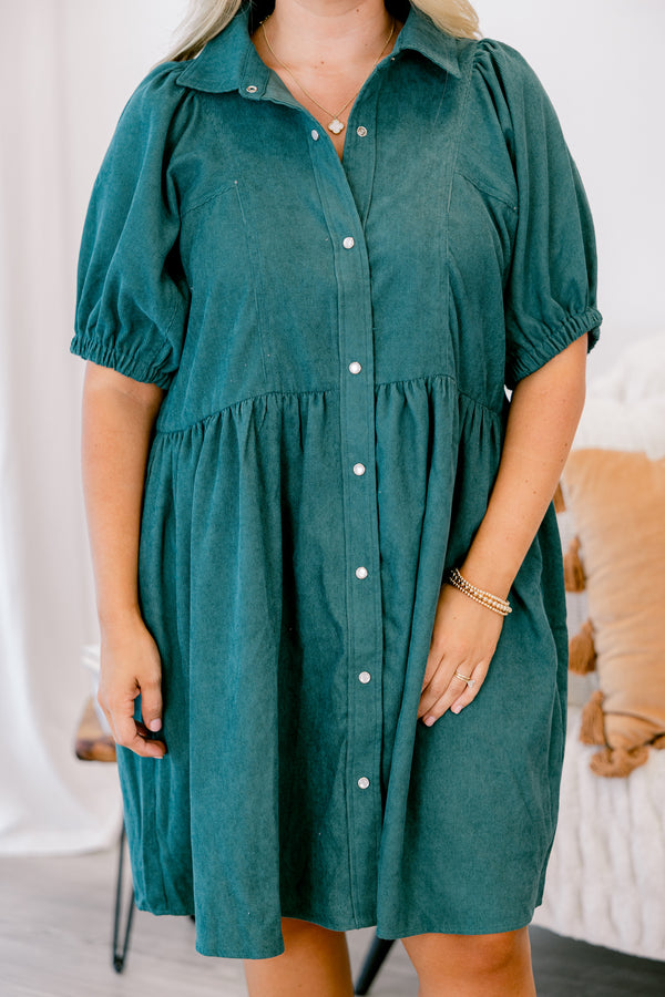 Chic Soul plus size clothing, hunter green button down babydoll dress with puff sleeves