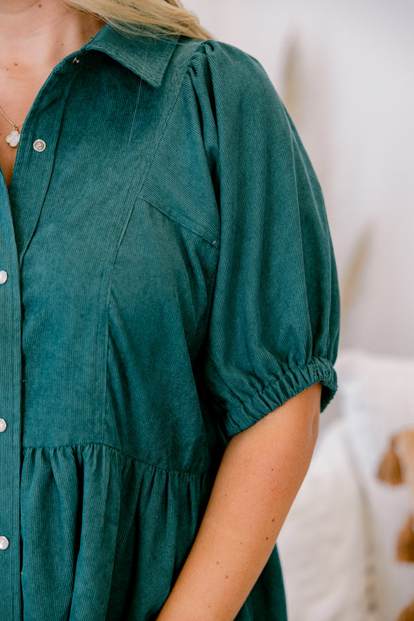 Chic Soul plus size clothing, hunter green button down babydoll dress with puff sleeves