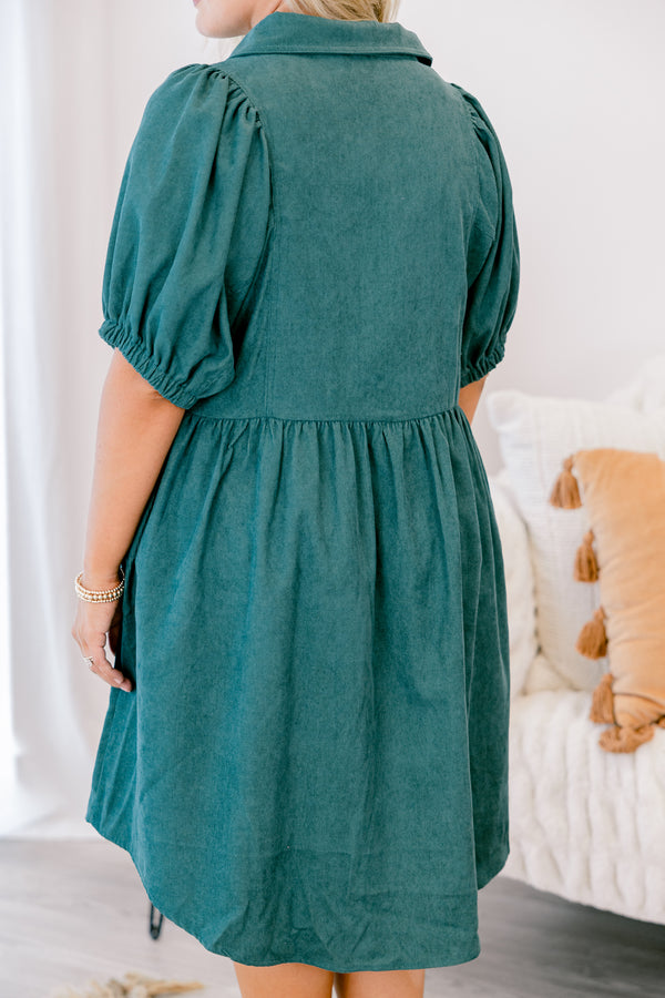 Chic Soul plus size clothing, hunter green button down babydoll dress with puff sleeves