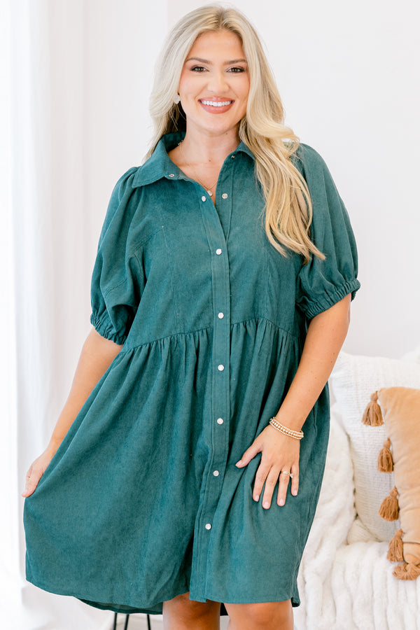 Chic Soul plus size clothing, hunter green button down babydoll dress with puff sleeves