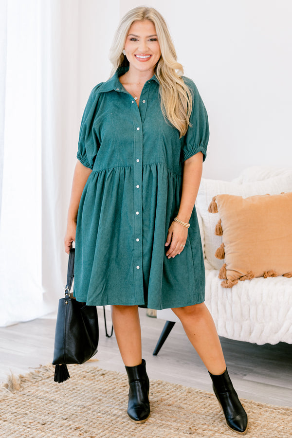 Chic Soul plus size clothing, hunter green button down babydoll dress with puff sleeves