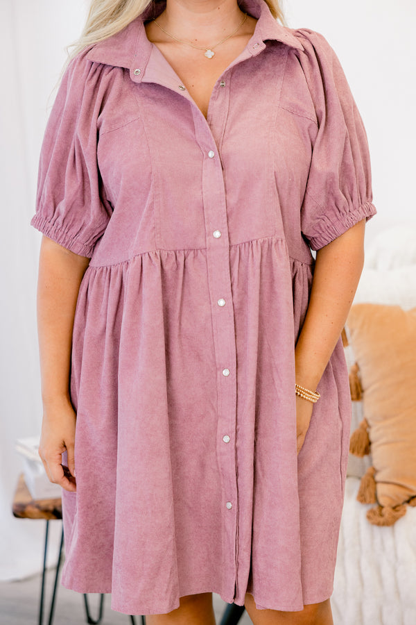 Chic Soul plus size clothing, puffed-short-sleeve rose pink buttoned collared babydoll dress with white button detailing 