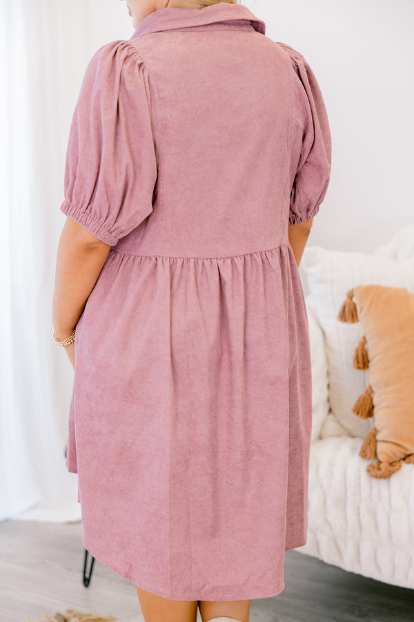 Chic Soul plus size clothing, puffed-short-sleeve rose pink buttoned collared babydoll dress with white button detailing