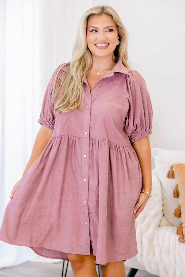 Chic Soul plus size clothing, puffed-short-sleeve rose pink buttoned collared babydoll dress with white button detailing  