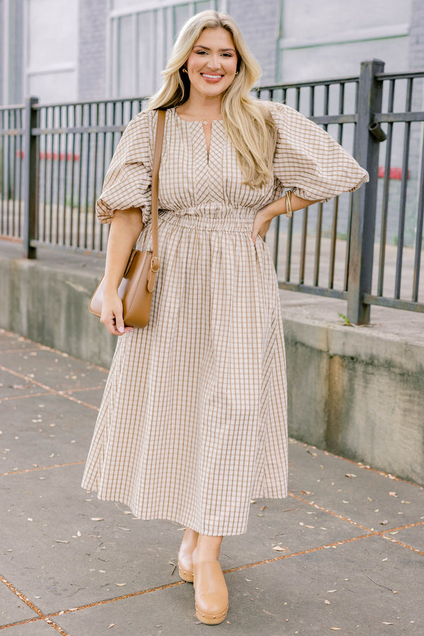 Chic Soul plus size clothing, brown maxi dress with a plaid pattern as well as bubble sleeves and a slight v-neckline 