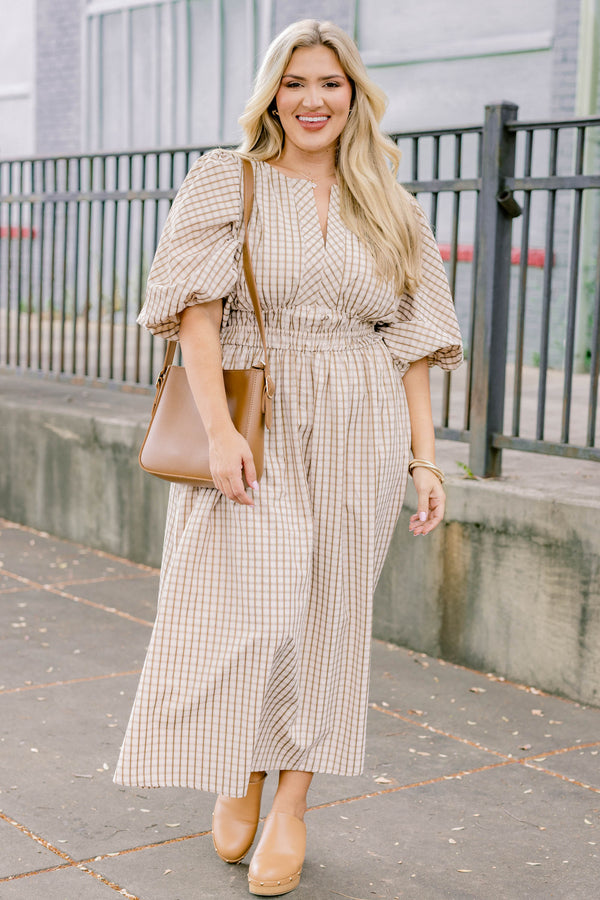 Chic Soul plus size clothing, brown maxi dress with a plaid pattern as well as bubble sleeves and a slight v-neckline 