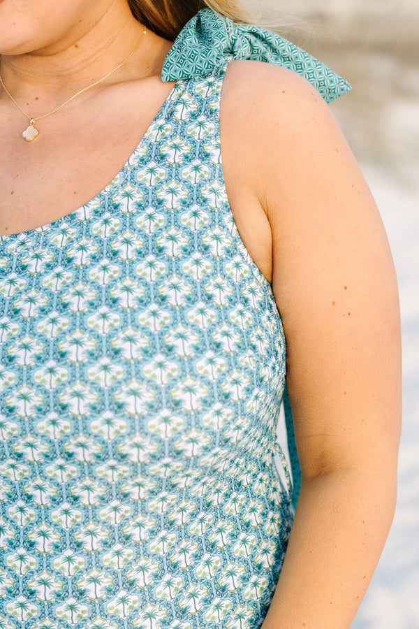 Chic Soul plus size clothing, palm leaf printed one shoulder one piece with a bow on top of the shoulder that ties on the shoulder or around the waist 