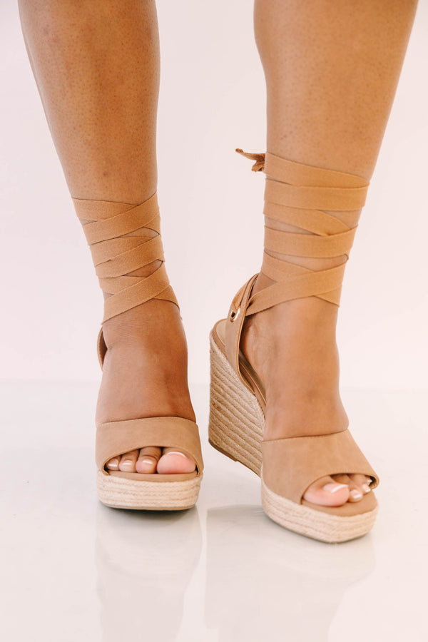 Plus Size brown suede wedge sandals with espadrille soles and long ankle wrap ties.