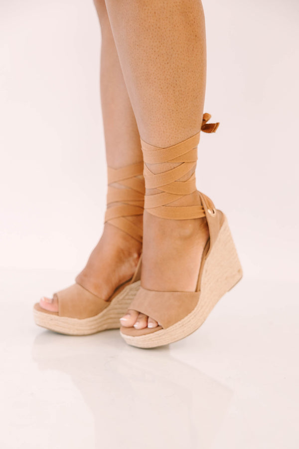 Plus Size brown suede wedge sandals with espadrille soles and long ankle wrap ties.