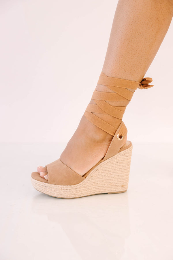 Plus Size brown suede wedge sandals with espadrille soles and long ankle wrap ties.