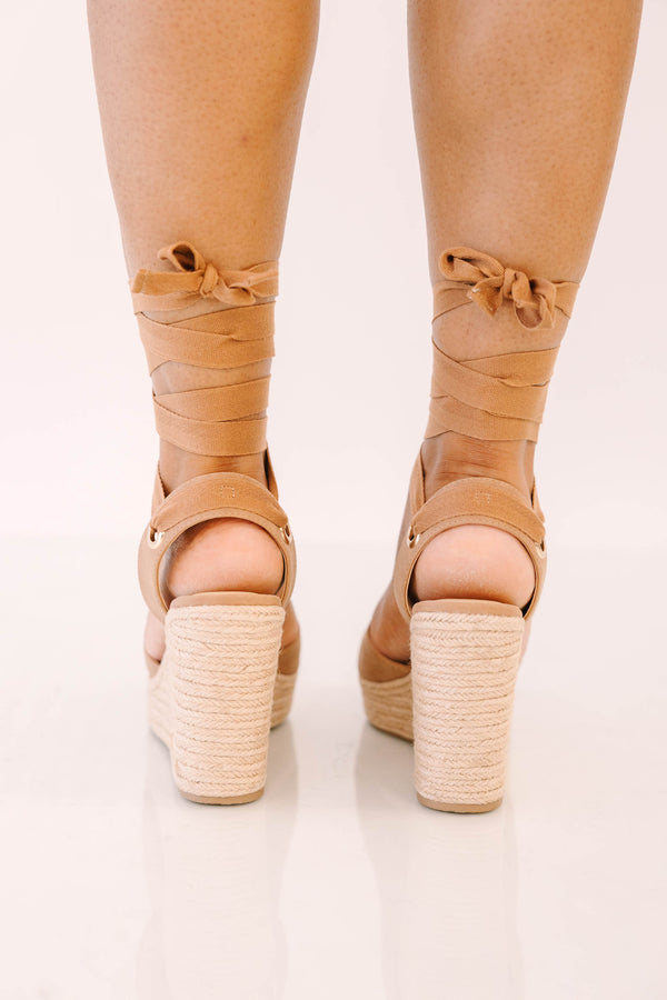 Plus Size brown suede wedge sandals with espadrille soles and long ankle wrap ties.