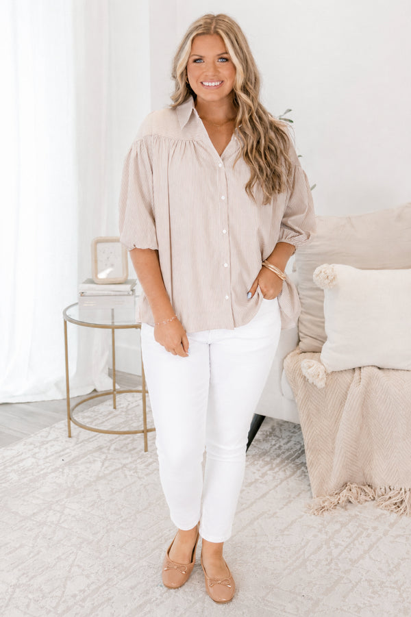 Chic Soul plus size clothing, brown half sleeve top with buttons going down the center of the shirt as well as a striped pattern throughout 