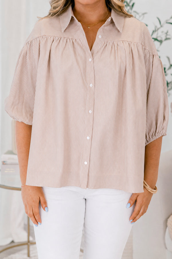 Chic Soul plus size clothing, brown half sleeve top with buttons going down the center of the shirt as well as a striped pattern throughout 