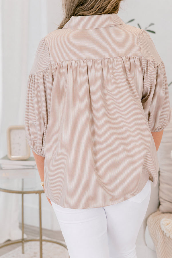Chic Soul plus size clothing, brown half sleeve top with buttons going down the center of the shirt as well as a striped pattern throughout 