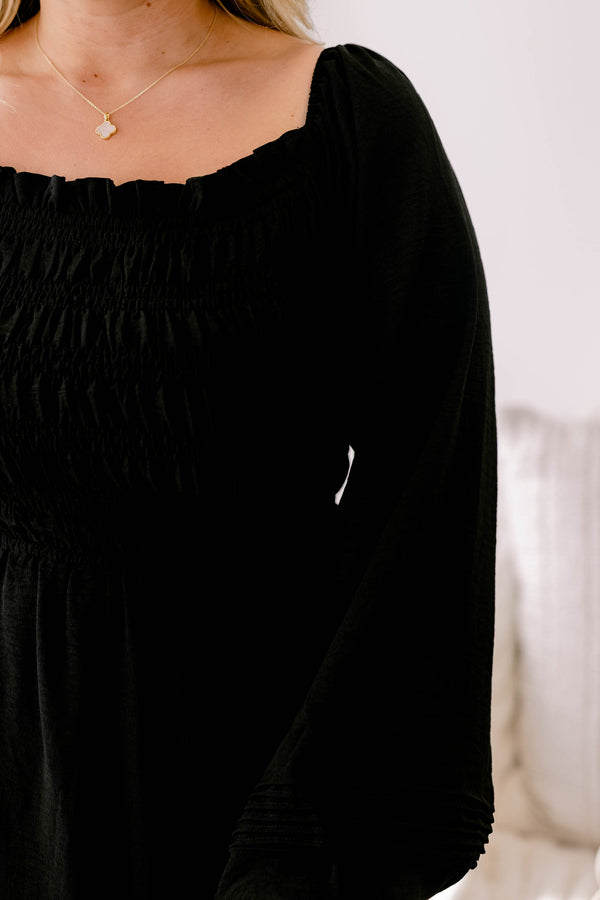 Chic Soul plus size clothing, black long puff sleeve tiered flowy maxi dress with scrunched top