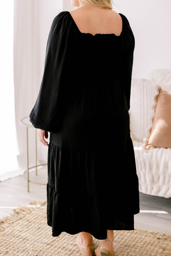 Chic Soul plus size clothing, black long puff sleeve tiered flowy maxi dress with scrunched top