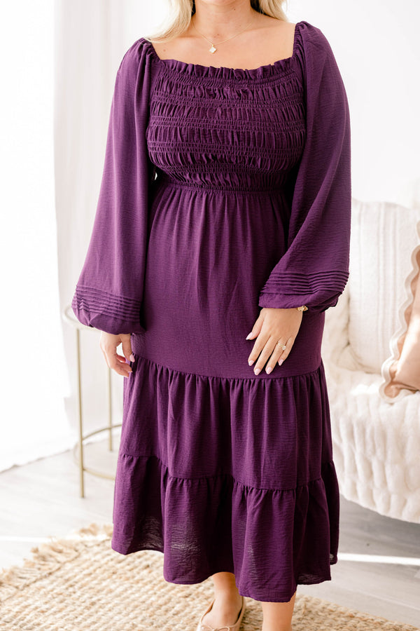 Chic Soul Plus size clothing, dark purple square neck long sleeve flowy tiered maxi dress