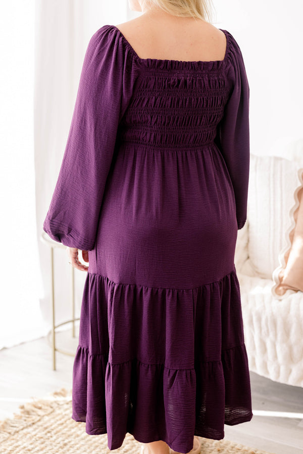 Chic Soul Plus size clothing, dark purple square neck long sleeve flowy tiered maxi dress