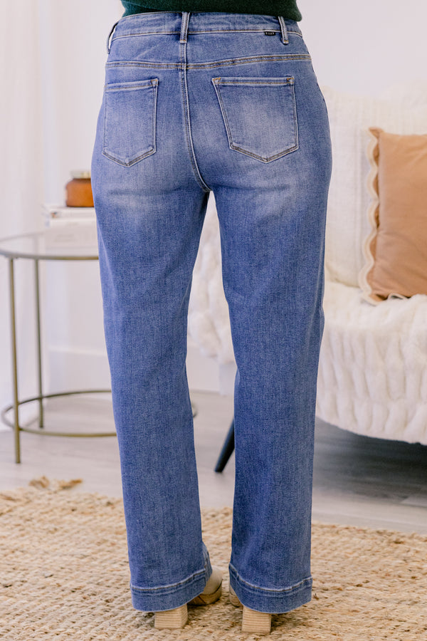 Chic Soul plus size clothing, medium wash denim blue straight leg jeans with a finished hem

