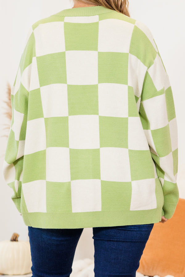 Chic Soul plus size clothing, long-sleeve green and ivory checkered knit cardigan with tortoise button detailing