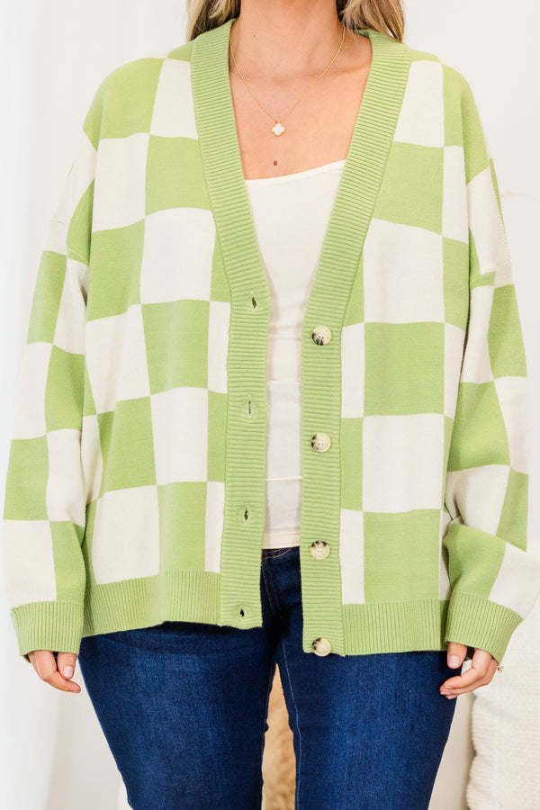 Chic Soul plus size clothing, long-sleeve green and ivory checkered knit cardigan with tortoise button detailing