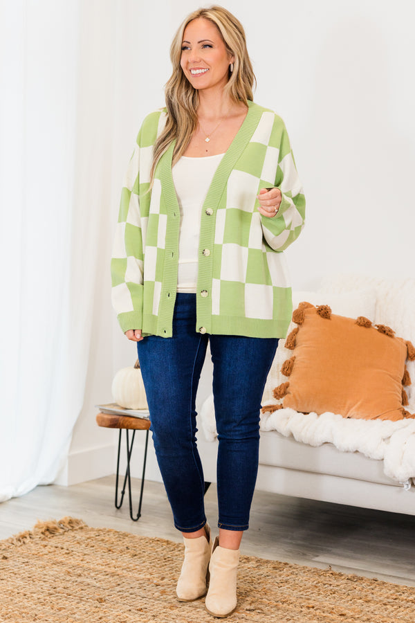 Chic Soul plus size clothing, long-sleeve green and ivory checkered knit cardigan with tortoise button detailing