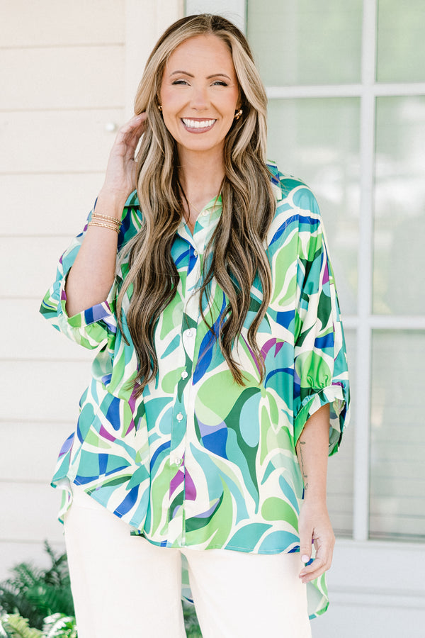 Chic Soul plus size clothing, green three quarter length sleeve button up top with green/blue abstract print top with collar detail and cuff sleeves