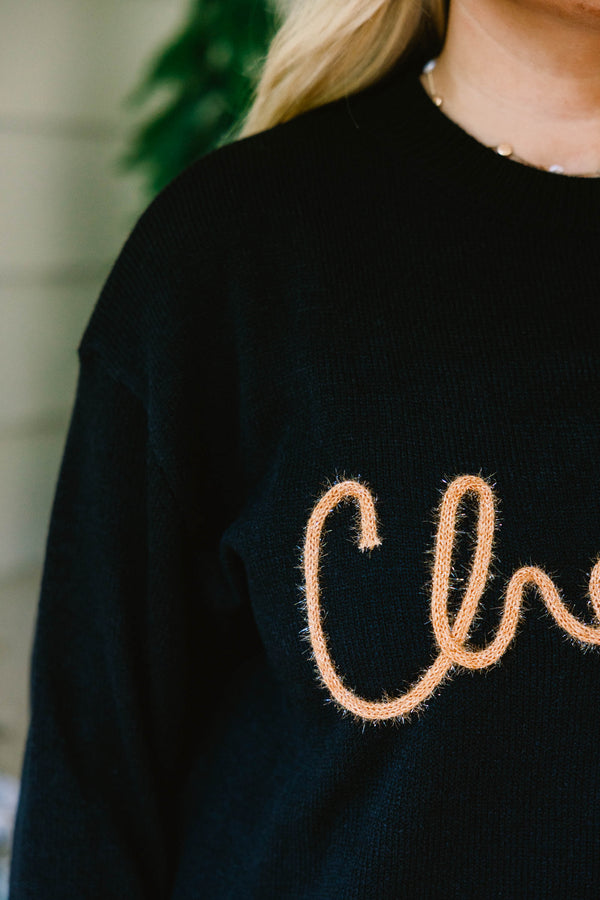 Chic Soul plus size clothing, black long sleeve top with fuzzy and gold colored 