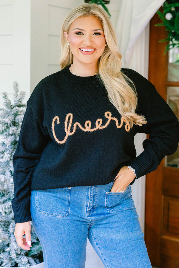 Chic Soul plus size clothing, black long sleeve top with fuzzy and gold colored 