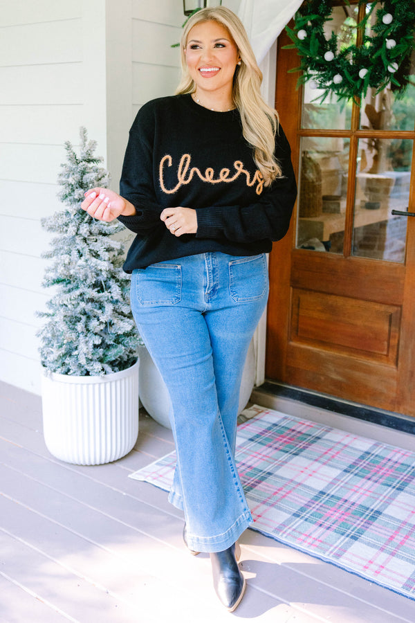 Chic Soul plus size clothing, black long sleeve top with fuzzy and gold colored 