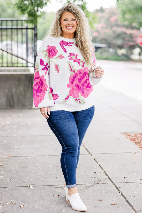 Chic Soul plus size clothing, white knit sweater with pink floral print with cuffed bubble sleeves with round neckline
