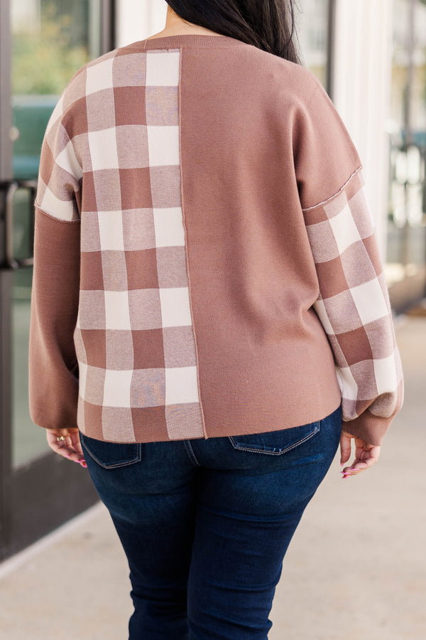 Chic Soul plus size clothing, mocha colored half plaid patterned sweater with bubble sleeves