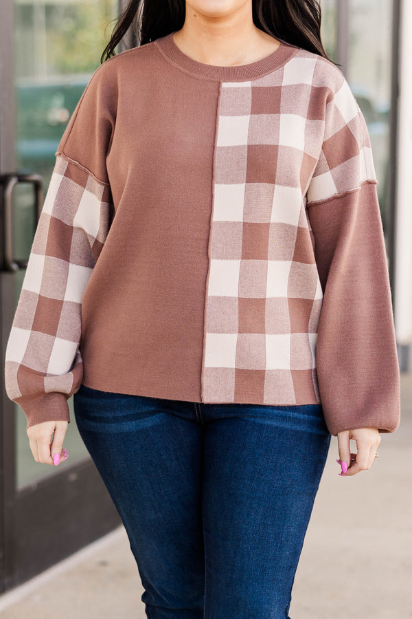 Chic Soul plus size clothing, mocha colored half plaid patterned sweater with bubble sleeves