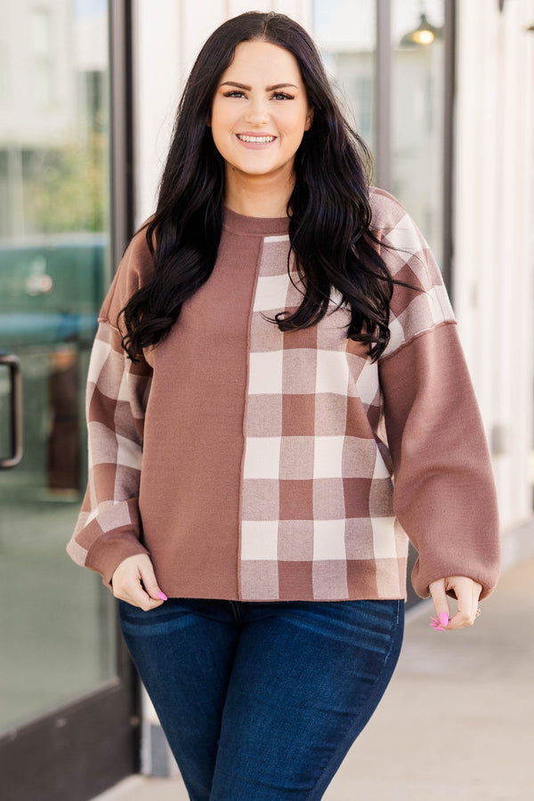 Chic Soul plus size clothing, mocha colored half plaid patterned sweater with bubble sleeves