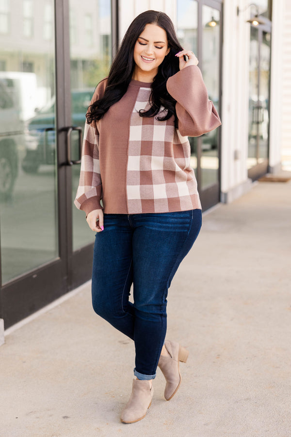 Chic Soul plus size clothing, mocha colored half plaid patterned sweater with bubble sleeves