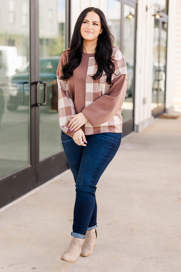 Chic Soul plus size clothing, mocha colored half plaid patterned sweater with bubble sleeves