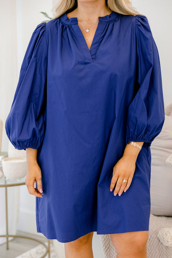 Chic Soul plus size clothing, navy blue long bubble sleeve knee length straight cut dress with v neckline