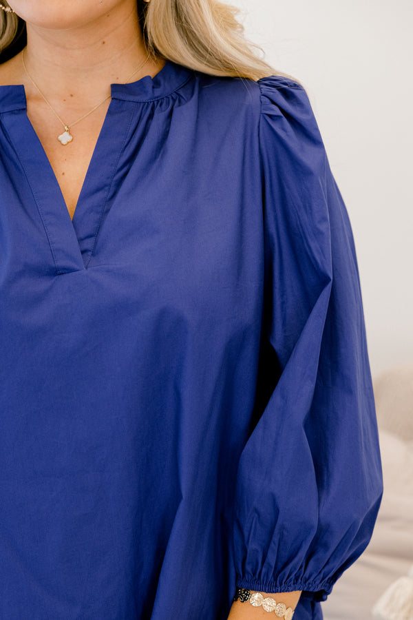 Chic Soul plus size clothing, navy blue long bubble sleeve knee length straight cut dress with v neckline