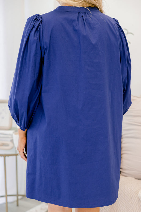 Chic Soul plus size clothing, navy blue long bubble sleeve knee length straight cut dress with v neckline