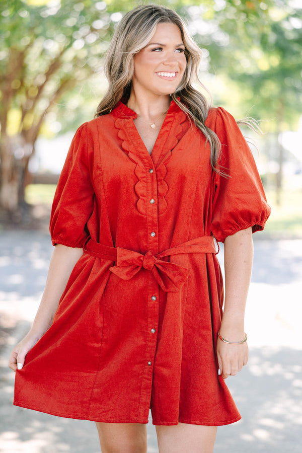 Plus Size rust corduroy mini dress with scalloped trim, button-down front, and a matching waist tie.