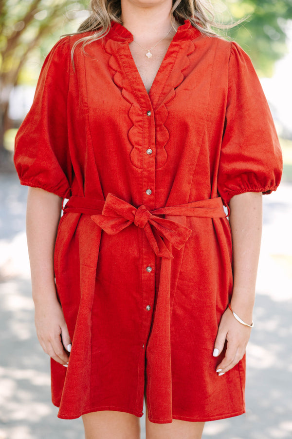 Plus Size rust corduroy mini dress with scalloped trim, button-down front, and a matching waist tie.