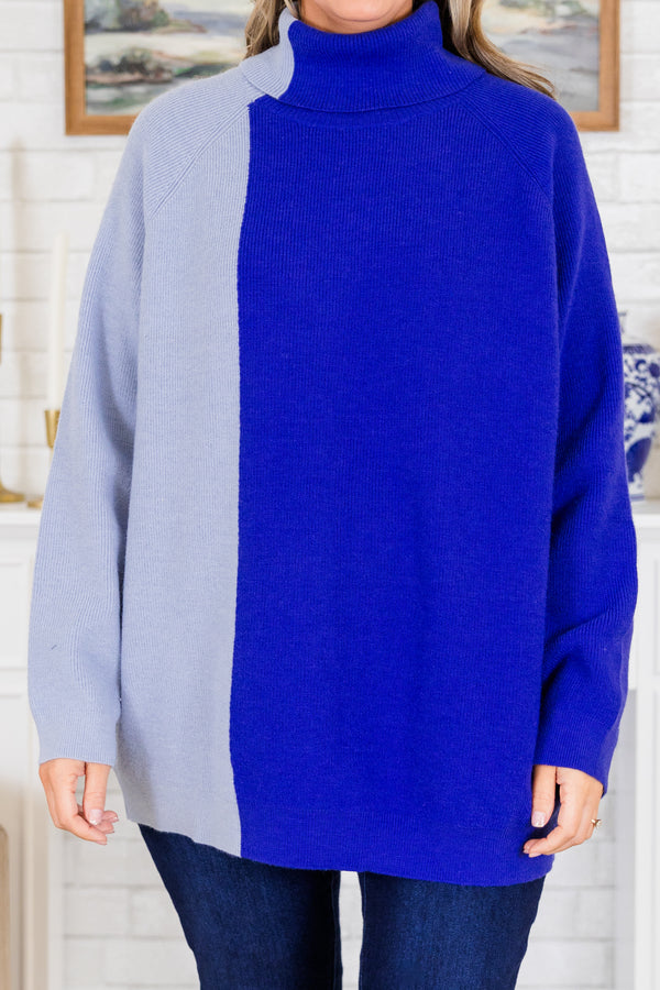 Chic Soul plus size clothing, long-sleeve royal blue sweater with fold-down turtle-neck